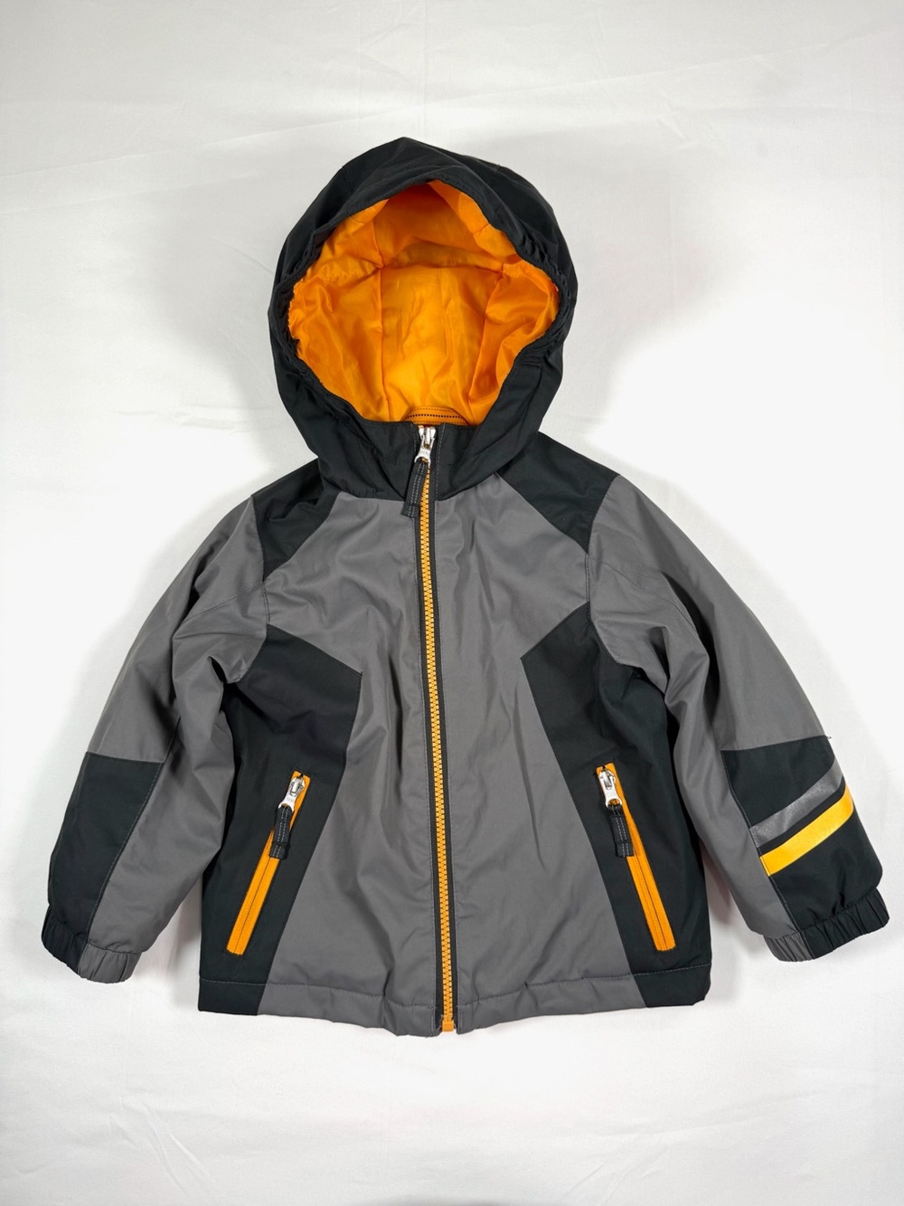 LANDS’ END Boys Hooded Insulated Colorblock Jacket Gray Black Orange Size 3T